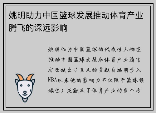 姚明助力中国篮球发展推动体育产业腾飞的深远影响