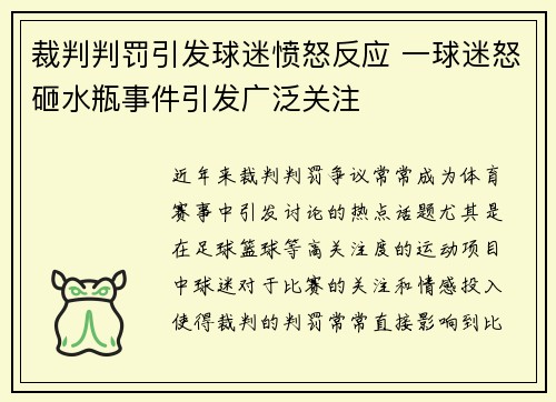 裁判判罚引发球迷愤怒反应 一球迷怒砸水瓶事件引发广泛关注